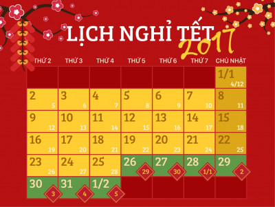 Lịch nghỉ tết dương lịch và tết Nguyên đán Đinh Dậu năm 2017