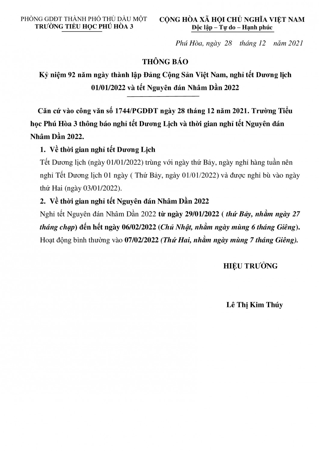 THÔNG BÁO NGHỈ TẾT 1