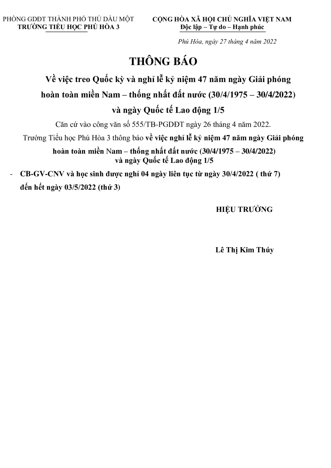 THÔNG BÁO NGHỈ LỄ 30 4 VÀ 1 5 (1)