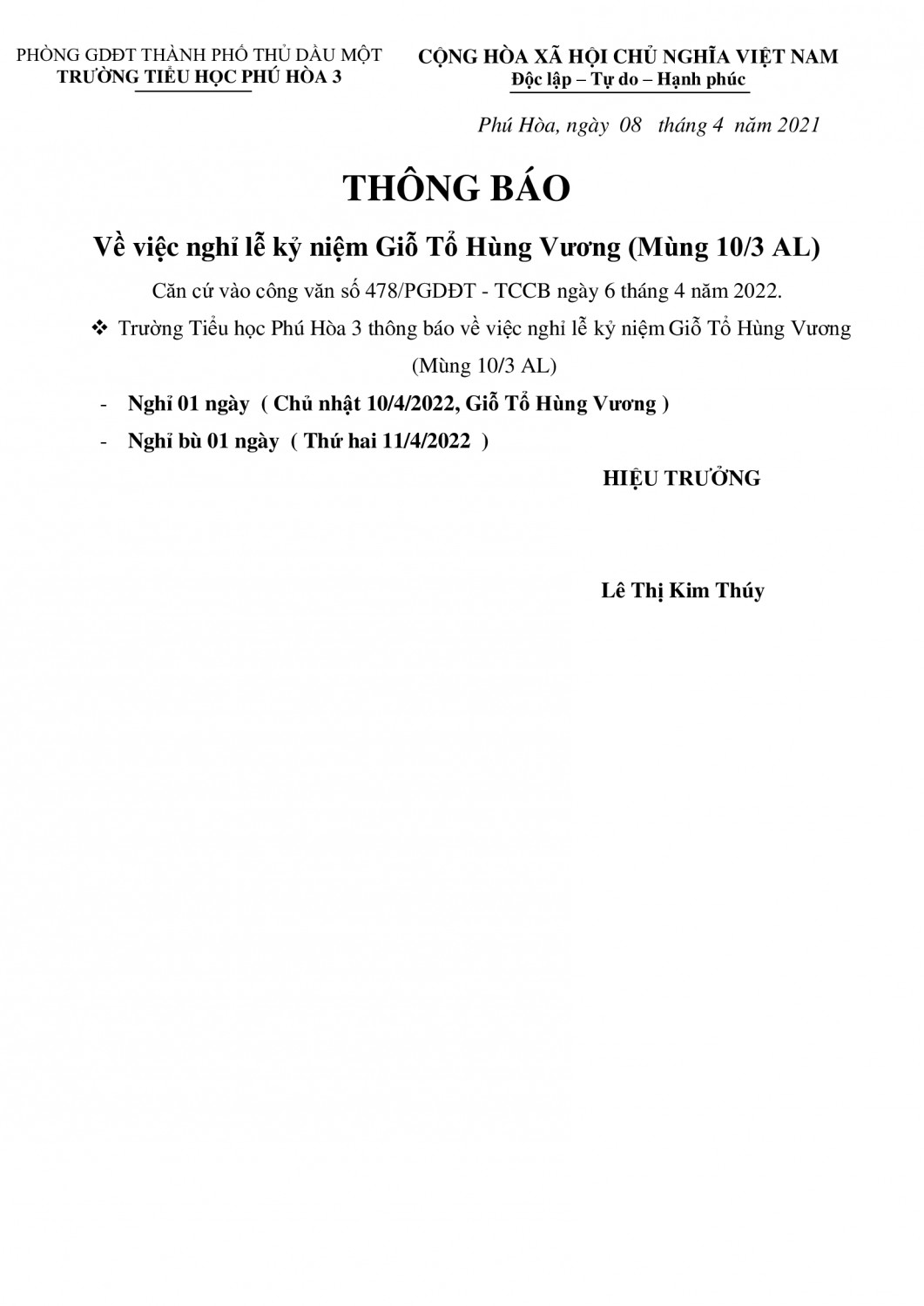 THÔNG BÁO NGHỈ LỄ GIỖ TỔ HÙNG VƯƠNG