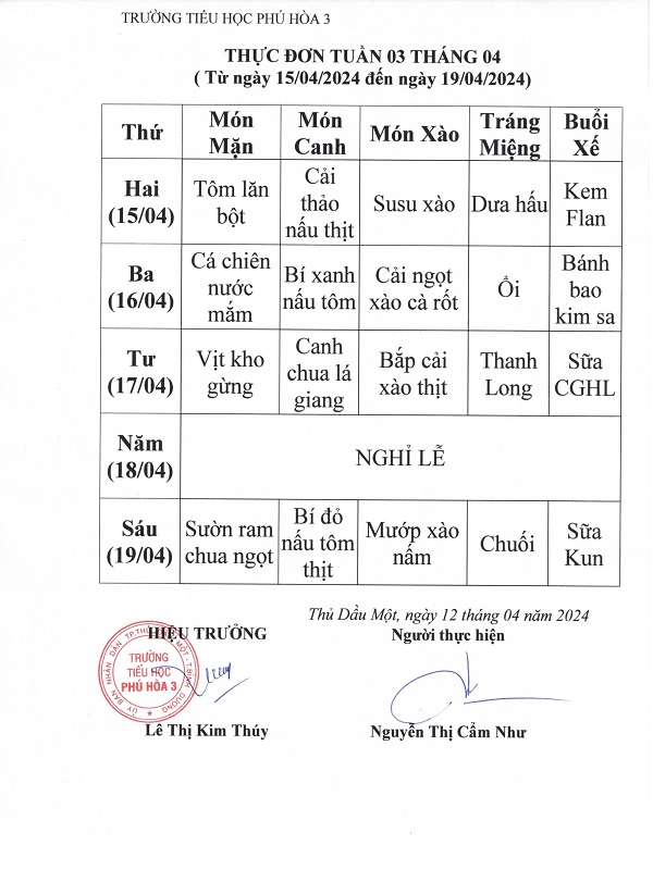 Thực đơn tuần 3 Tháng 4